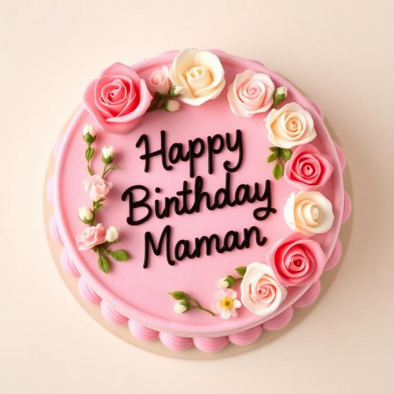 Bento Cake rose poudré décoré de roses en sucre avec message Happy Birthday Maman