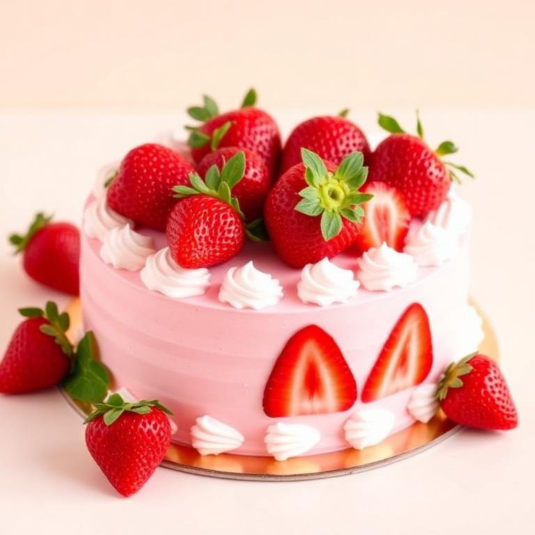Bento Cake rose décoré de fraises fraîches entières et de crème fouettée