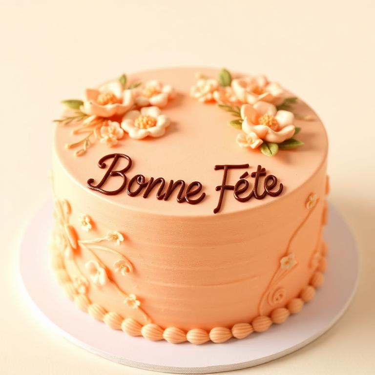 Bento Cake pêche pastel décoré de fleurs en sucre avec inscription Bonne Fête