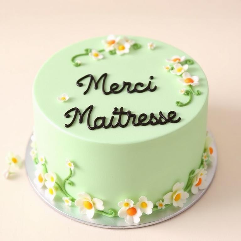Gâteau vert pastel décoré de petites fleurs blanches avec inscription Merci Maîtresse