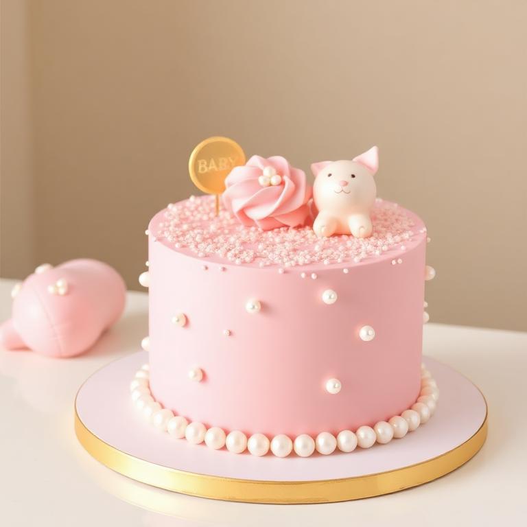 Bento Cake rose pour baby shower décoré de perles nacrées et figurine de chaton
